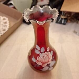 Westmoreland Ruby Glass Hand Painted Rose 6.25" Bud Vase Signed R. Green 1978